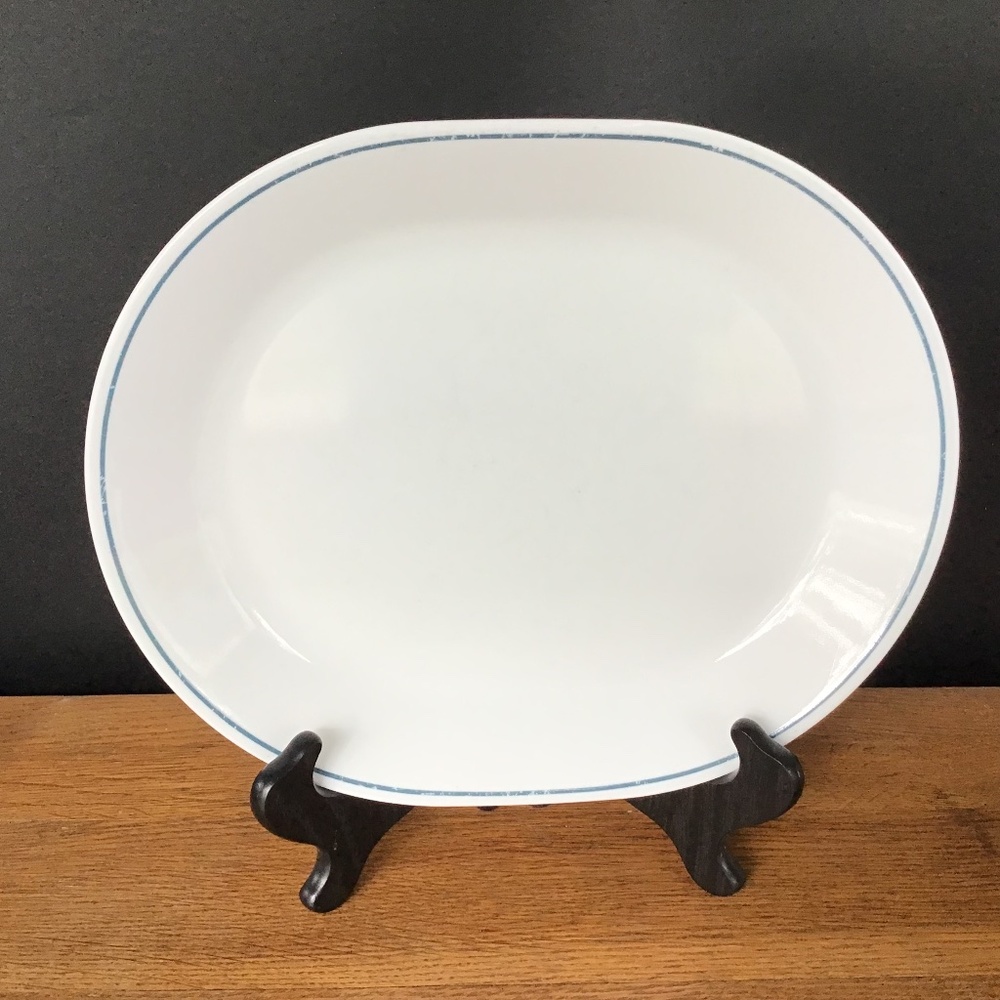 Corelle Vintage Oval Platter Blue Stripe on White Corning Glass Plate USA